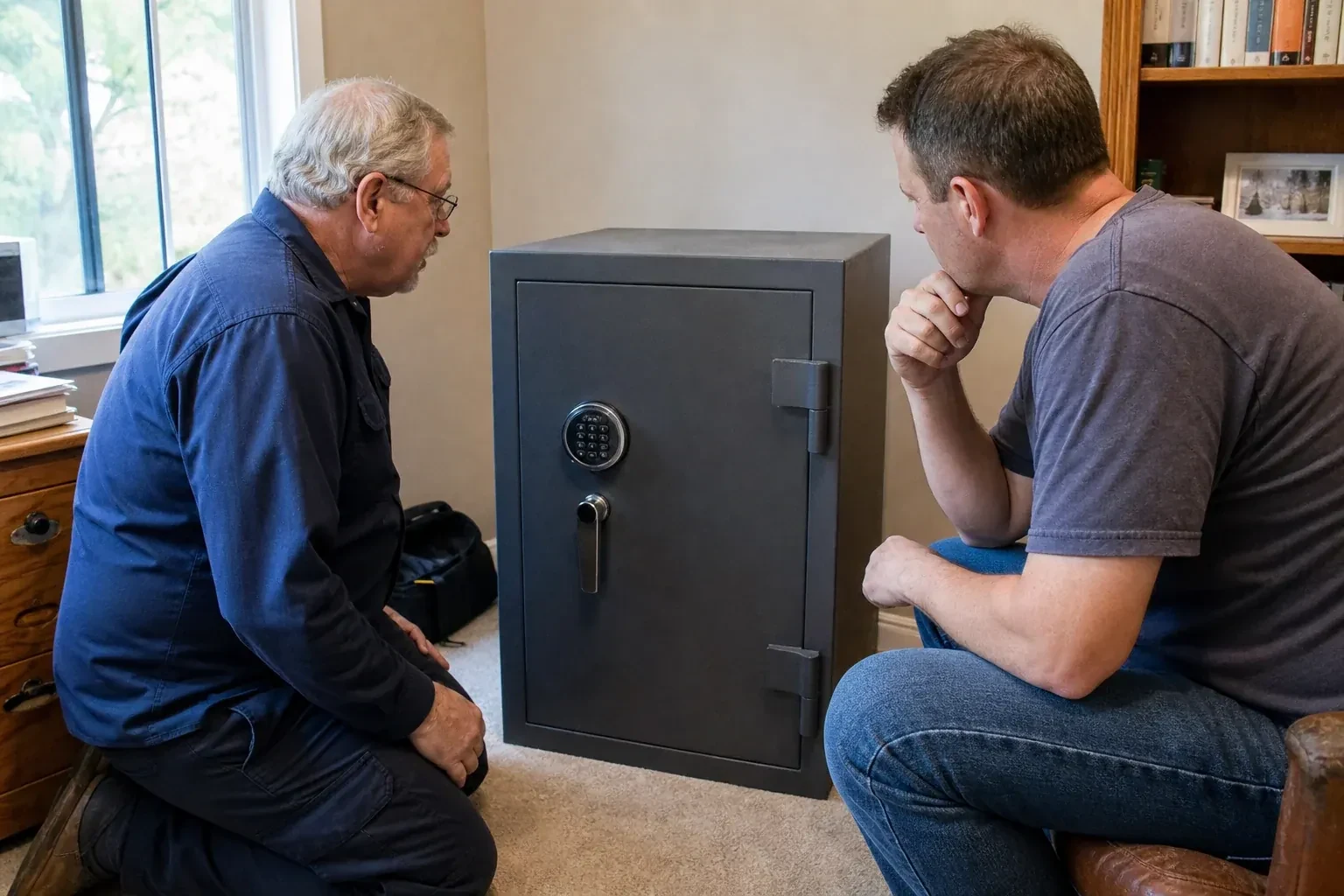 Two adults discussing a closed keypad safe in a home study. — Safe Opening & Combination Change, Haldimand County