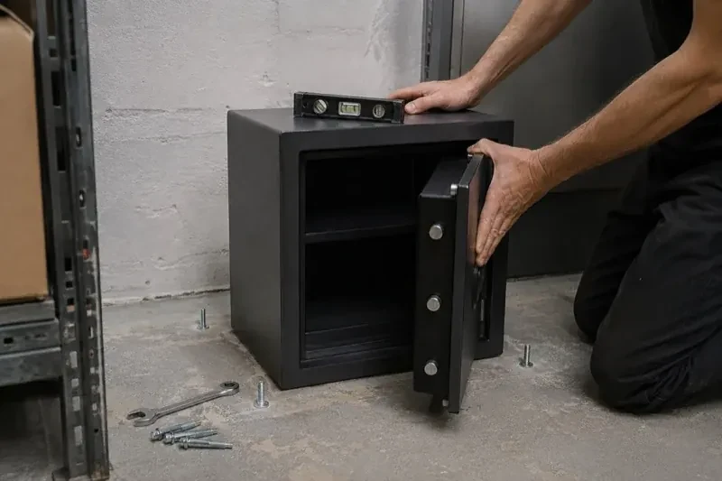 Person kneeling beside an open black safe with a spirit level on top and loose bolts and a wrench on the concrete floor. — Safe Installation & Servicing, Haldimand County