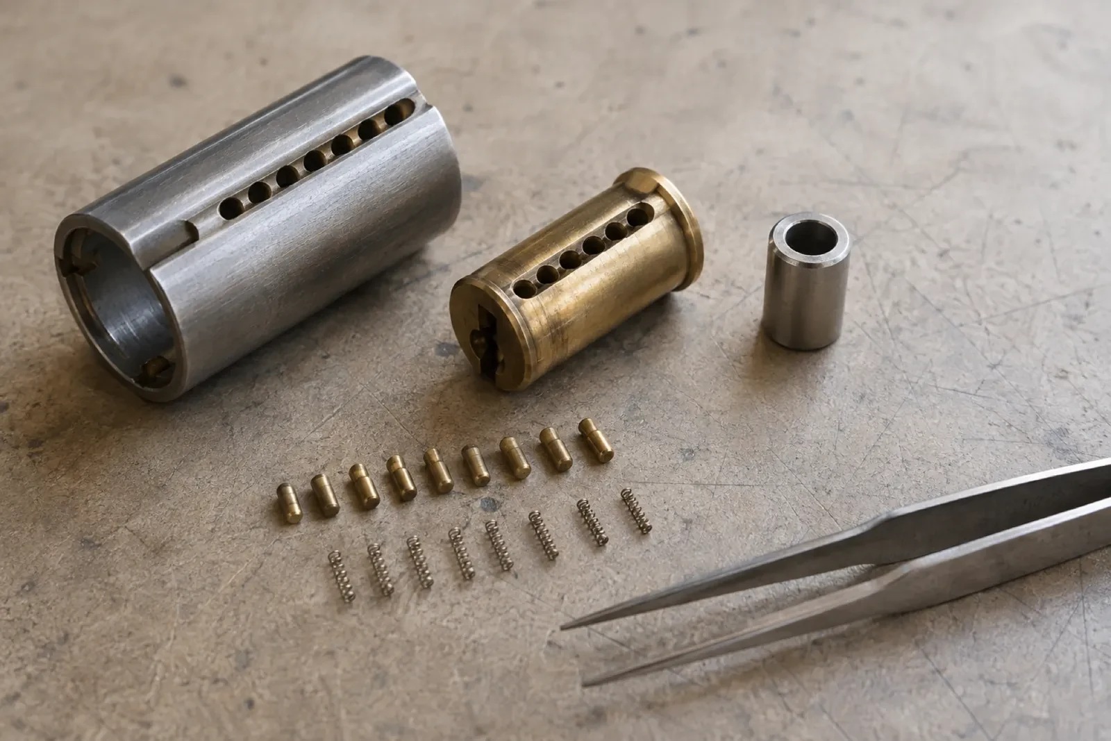 Disassembled brass and steel lock cylinder parts laid on a gray metal surface with small brass pins, springs and tweezers. — Hagersville