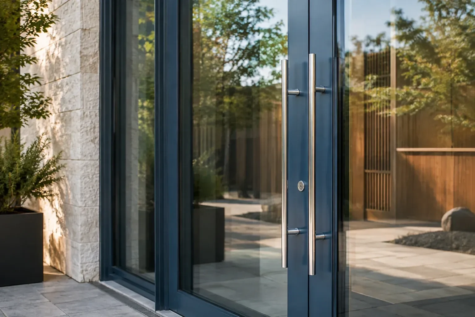 Dark-framed glass entrance doors with long silver-colored vertical pull handles and a round keyhole. — Business Lockout Service, Haldimand County