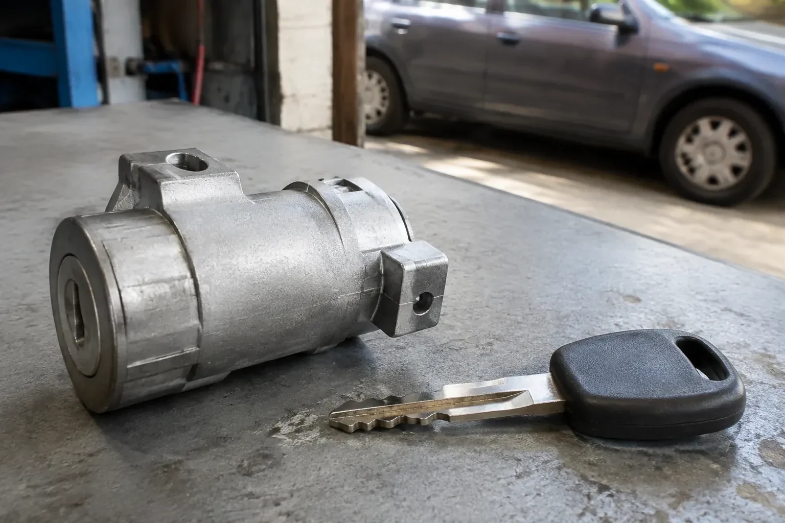 Detached cylindrical lock housing and black-headed key on an automotive workbench. — Ignition Lock Repair, Haldimand County