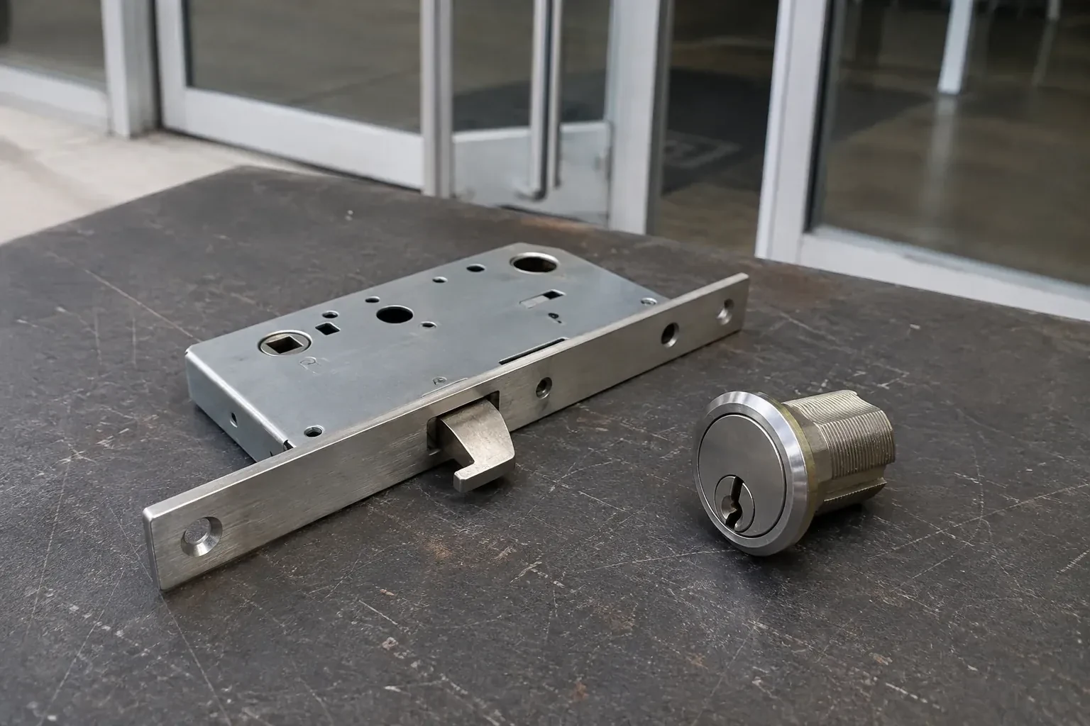 Detached mortise lock body with a projecting hook-shaped bolt beside a threaded cylinder. — Commercial-Grade Lock Replacement, Haldimand County