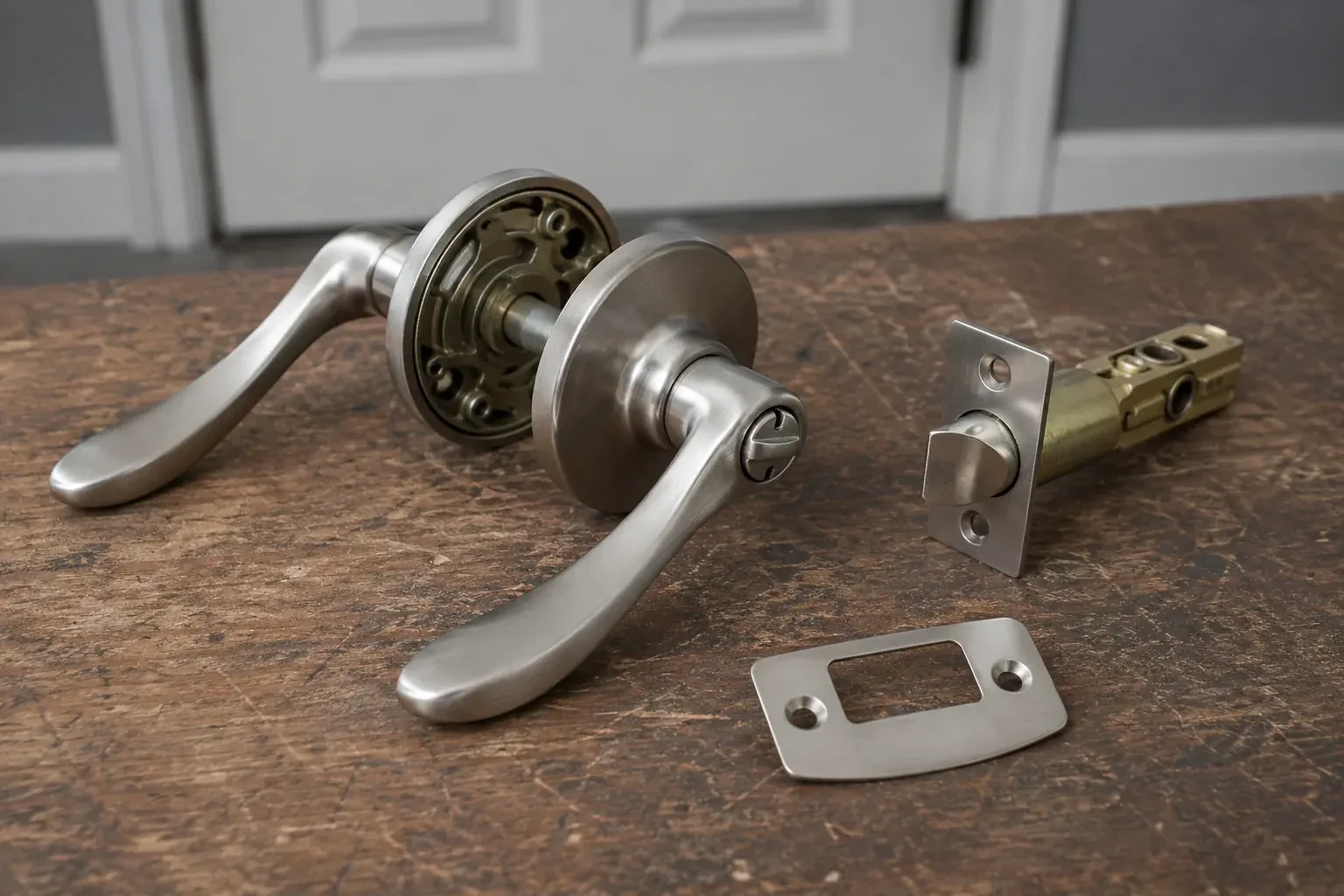 Detached satin-nickel lever hardware, tubular latch and strike plate on a wooden workbench. — Lock Replacement & Upgrade, Haldimand County