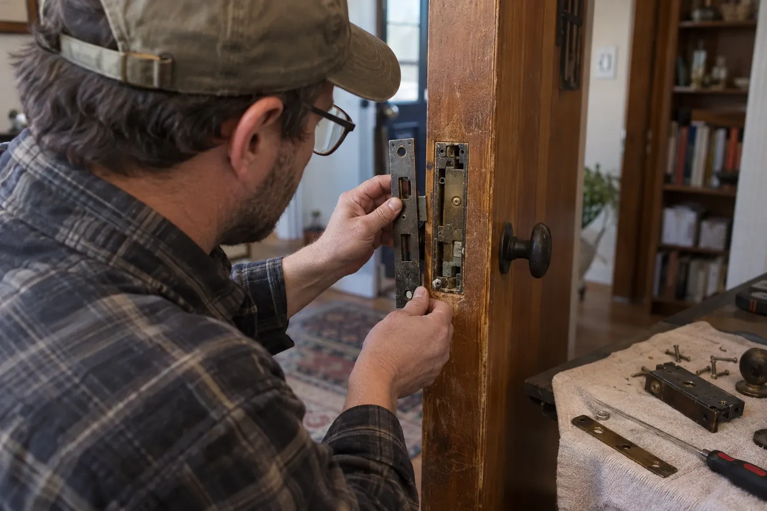 Person in a cap and glasses holding an old mortise lock plate against a bare slot in a wooden door edge. — Haldimand County