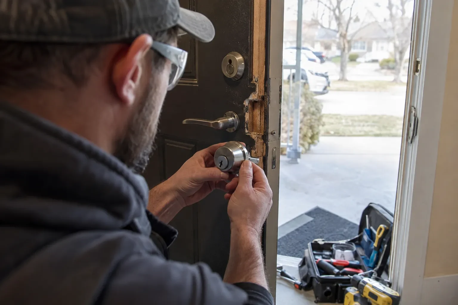 Technician in safety glasses holding a steel deadbolt with a keyway beside a splintered door edge and a tool case. — Featherstone