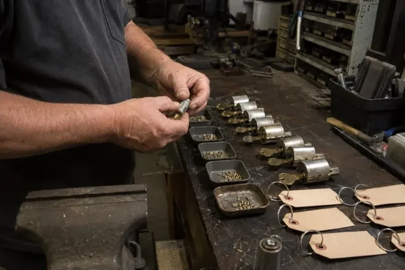 Person handling a lock cylinder at a workbench lined with cylinders, keys, small pin trays and blank key tags. — Commercial Rekeying, Haldimand County