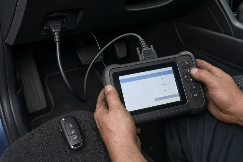 Hands holding a diagnostic tablet connected beneath a car dashboard, with a key fob resting on the person’s leg. — Key Fob Programming, Haldimand County