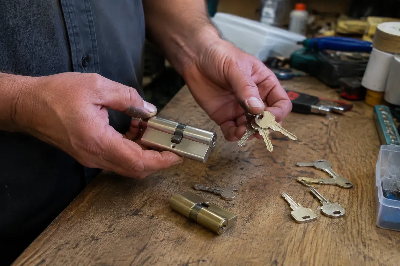 Hands holding a lock cylinder and a ring of keys above a worn workbench with another cylinder and loose keys. — Lock Rekeying, Haldimand County