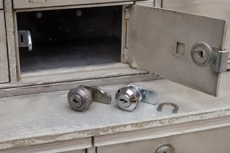 Two loose cam locks and a retaining clip resting below an open metal mailbox compartment. — Mailbox Lock Replacement, Haldimand County