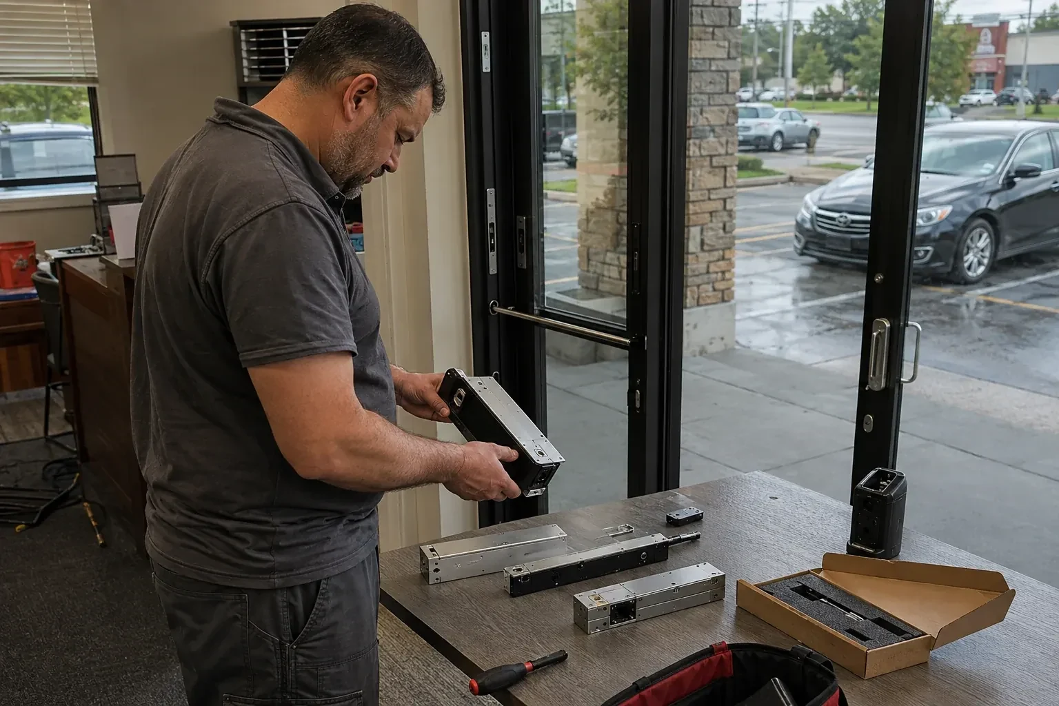 Person holding a rectangular door-hardware housing at a table with additional metal assemblies beside a glass entrance. — Access Control Installation, Haldimand County