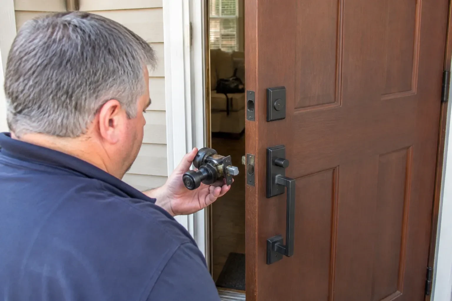 Person holding a removed black lock assembly beside a partly open brown front door with a long black pull handle. — Home Lockout Service, Haldimand County