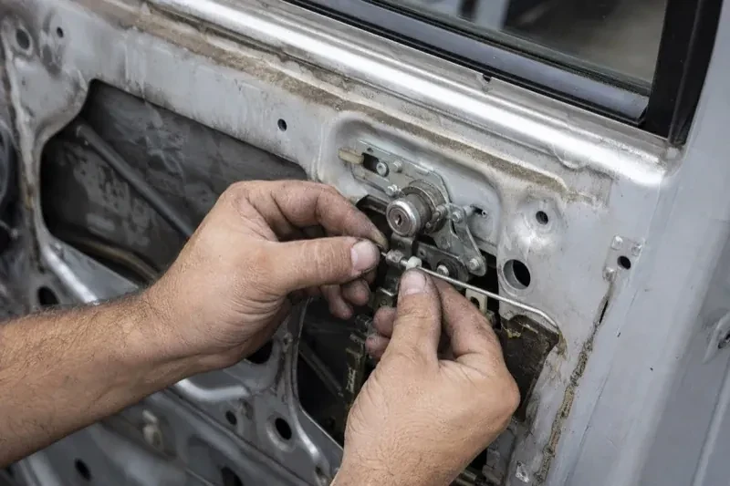 Hands holding a small linkage beside an exposed car-door lock mechanism with the interior trim removed. — Vehicle Lock Repair, Haldimand County