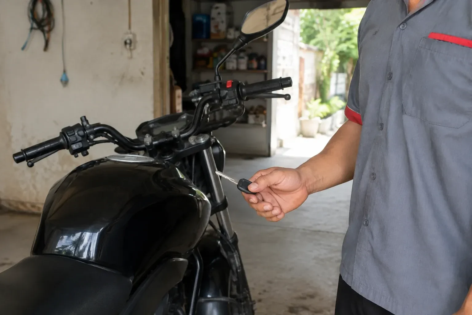 Technician holding a black-headed key beside a parked motorcycle. — Motorcycle & Scooter Keys, Haldimand County