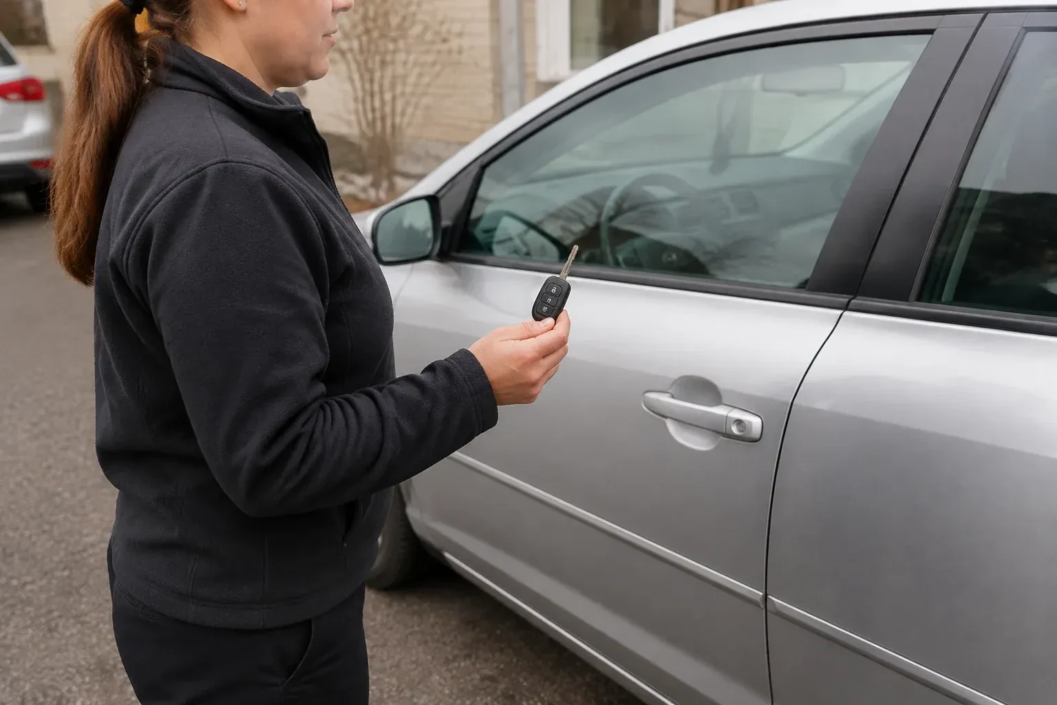 Technician holding a remote key with an extended blade beside a silver car. — Car Key Replacement, Haldimand County