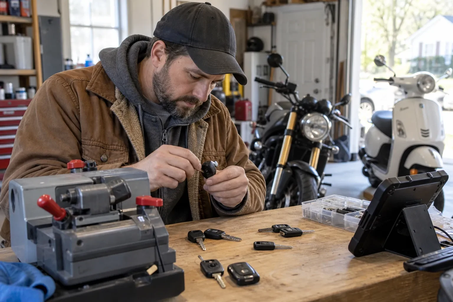 Technician holding a small key fob at a bench with a key-cutting machine, loose keys, and a motorcycle and scooter behind. — Jarvis