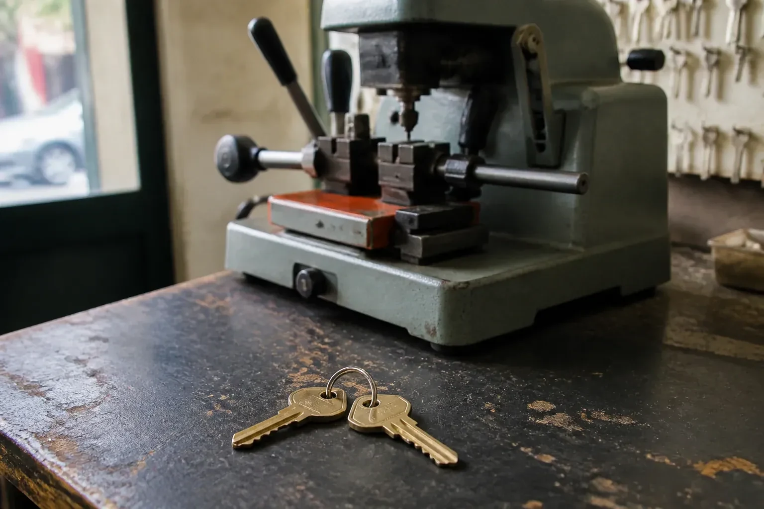 Two brass house keys on a ring resting on a workshop counter. — Spare Car Key Duplication, Haldimand County