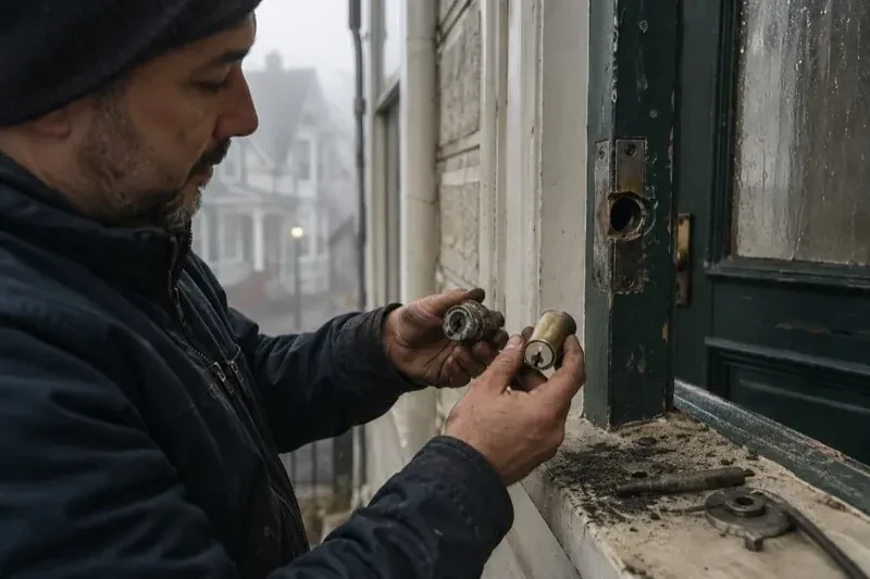 Person holding two lock cylinders beside an open painted door, with loose hardware and debris on the sill. — Seized & Jammed Lock Opening, Haldimand County