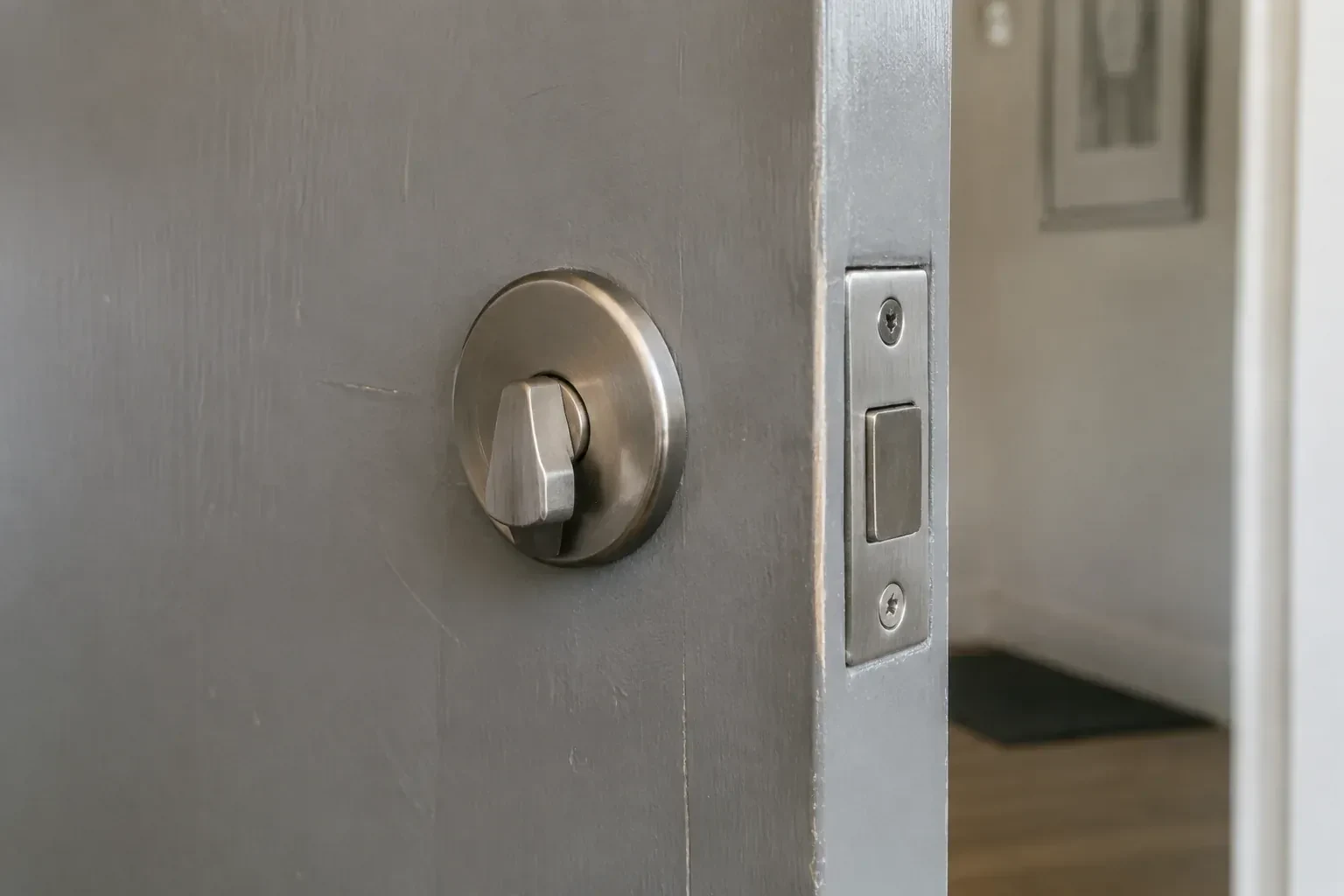 Close view of a satin-nickel deadbolt thumbturn and edge faceplate on a painted timber door. — Deadbolt Installation, Haldimand County